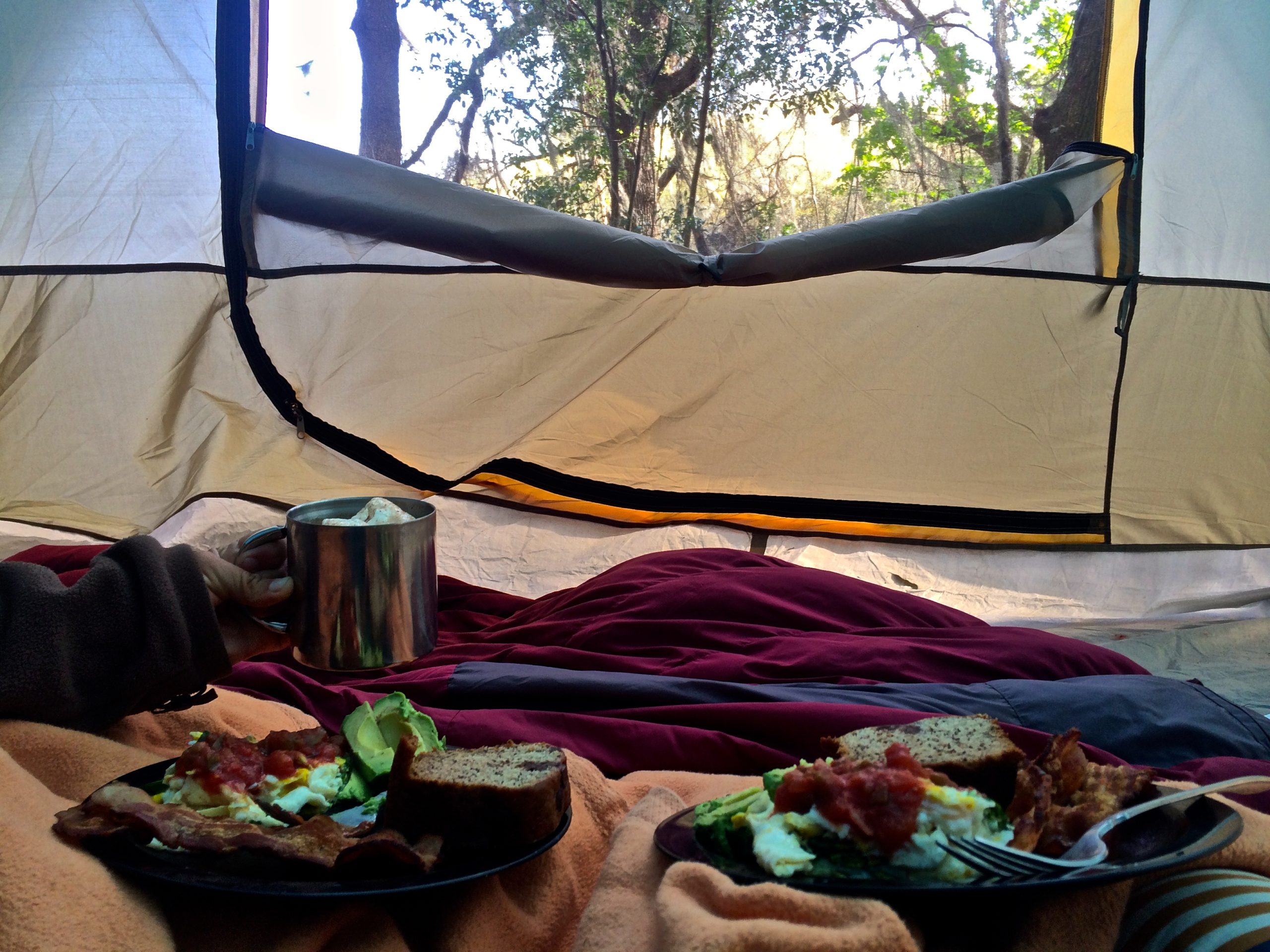 Breakfast In Bed. In A Tent